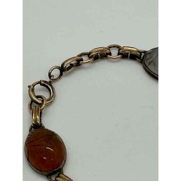 Egyptian Revival 1920s-30s Scarab Bracelet With Carved Natural Stones & Gold-Ton - Picture 12 of 16